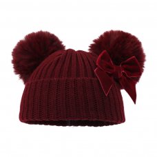 H678-BU: Burgundy Hat w/Pom Poms & Velvet Bow (0-12 Months)